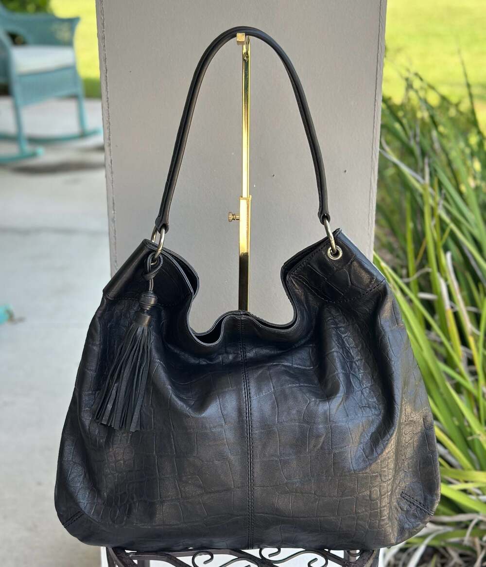 Banana Republic Black Croc Embossed Leather Hobo Shoulder Bag Purse with Tassel